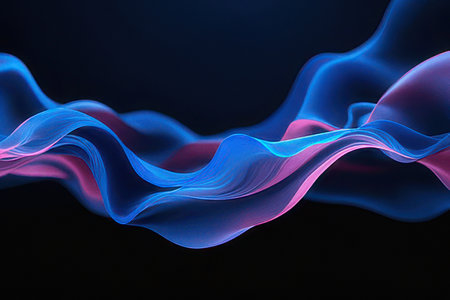 abstract blue and purple waves on black background, 3d renderの素材