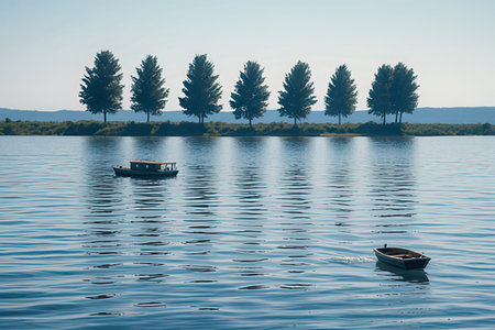 Boats on the lake in the morning. Nature composition.の素材
