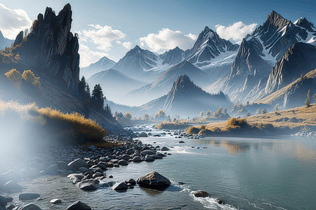 Beautiful mountain landscape with river and blue sky. 3d renderingの素材