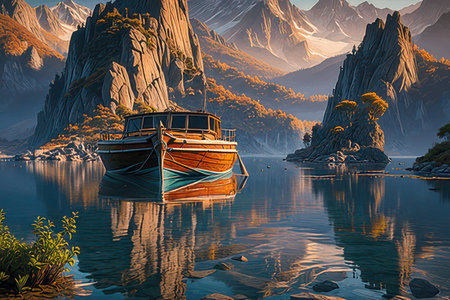 Fishing boat on the lake with mountains in the background, digital paintingの素材