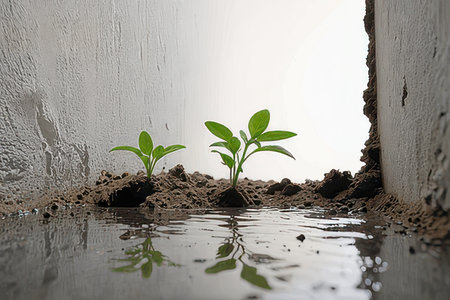 Green seedling illustrating concept of new life and natural growing through droughtの素材