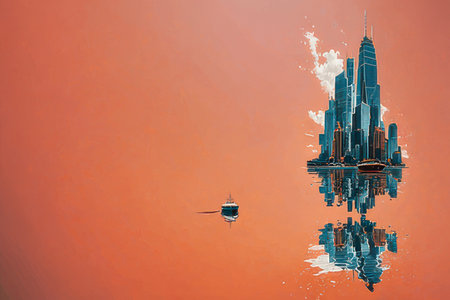 Modern skyscrapers with reflection on orange background. 3D renderingの素材
