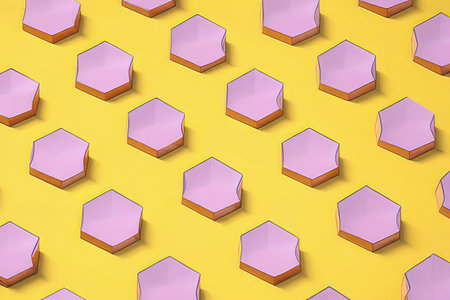 Seamless pattern of pink hexagons on a yellow background. 3d renderingの素材