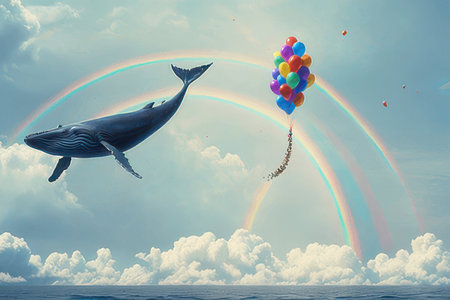 Whale flying in the sky with balloons and rainbow. Mixed mediaの素材