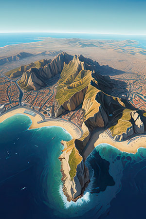 Mountain and sea. 3d render illustrationの素材