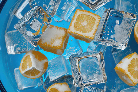 Ice cubes with lemon slices and ice cubes on blue background. Top view.の素材