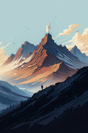 Digital painting of a mountain landscape with a person standing in front of himの素材