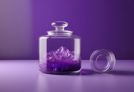 3d render of a glass jar with purple background and crystals insideの素材