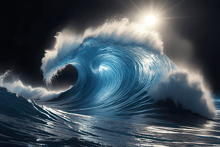 Surfing ocean wave. 3D render of a blue ocean waveの素材