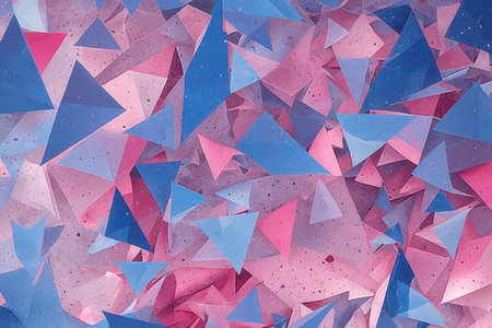 3D rendering of abstract geometric composition with triangular elements in pink and blue colorsの素材