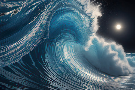 Surfing ocean wave at full moon night. 3D Renderingの素材