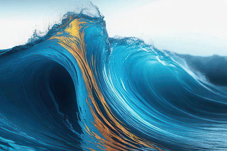 Blue wave with yellow reflection on water surface. 3D illustration.の素材