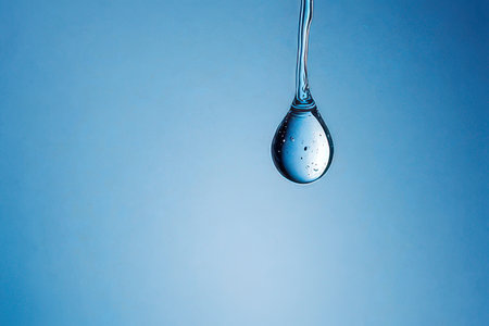 Water drop falling on blue background with copy space for your text.の素材