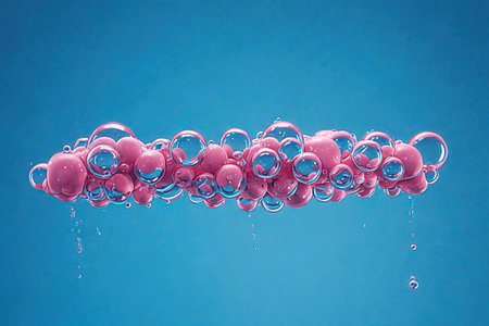 Pink bubbles on blue background with copy space for text or image.の素材