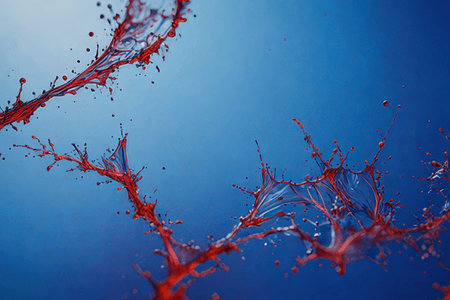 Splash of red paint on a blue background. Abstract background.の素材