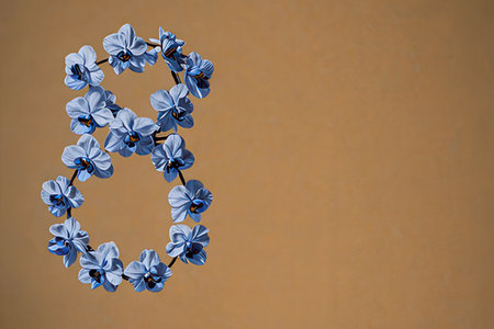 Number 8 made of blue orchids on a brown background.の素材