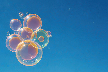 Soap bubbles on blue background. Close up of soap bubbles.の素材