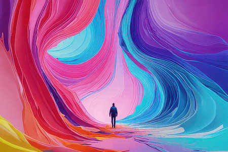 Businessman standing on the edge of a colorful tunnel. 3D renderingの素材