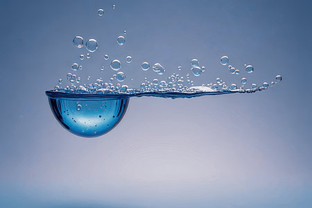 Water splash with air bubbles on blue background. Copy space for text.の素材