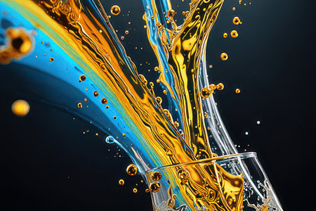 Colorful splashes of water in a glass on a black backgroundの素材