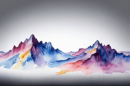 Watercolor painting of mountains and clouds. Hand drawn illustration on white background.の素材