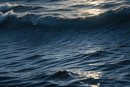 Waves on the surface of the sea in the rays of the setting sunの素材