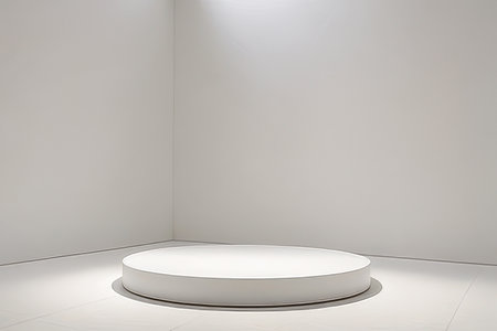 White round podium in empty room, 3d rendering. Computer digital drawing.の素材