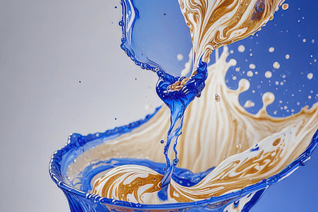 Splash of blue and golden liquid in a glass on a blue backgroundの素材