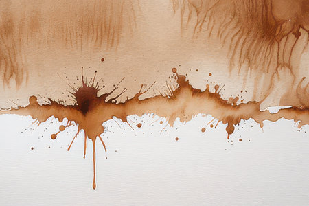Brown paint splashes on white background. Abstract watercolor background.の素材