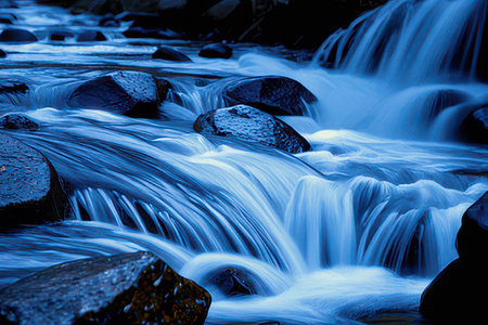 Beautiful waterfall in the forest. Blue tone. Toned.の素材