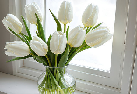 Bouquet of white tulips in a vase on the windowsillの素材