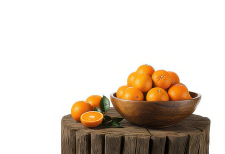 Oranges in a wooden bowl on a wooden table isolated on white backgroundの素材