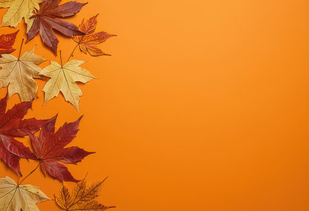 Autumn leaves on orange background with copy space, flat lay.の素材