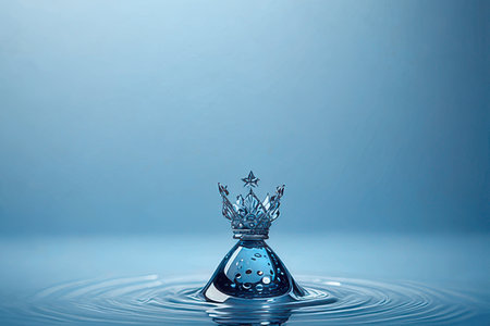Crown on water surface with ripples and waves. Blue backgroundの素材