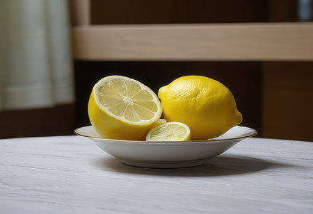 Lemons in a white plate on a white wooden table.の素材
