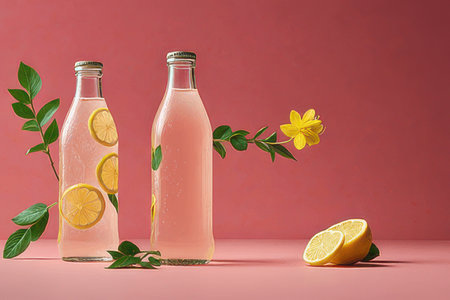 Bottles of lemonade with lemons and mint leaves on pink backgroundの素材