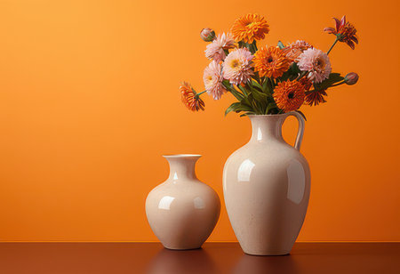 Bouquet of flowers in vase on orange backgroundの素材