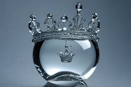 Crystal crown on a gray background. Crystal ball with a crown.の素材