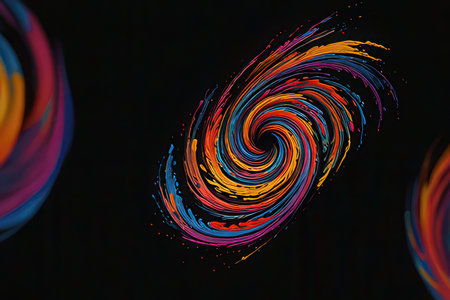 abstract background with colorful paint splashes on a black background.の素材