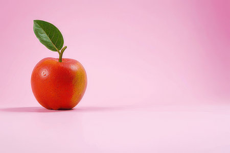 Red apple with green leaf on pink background. Minimal concept.の素材