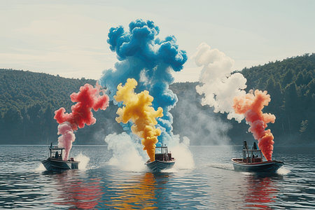 Fishing boats with red, yellow and blue smoke in the waterの素材