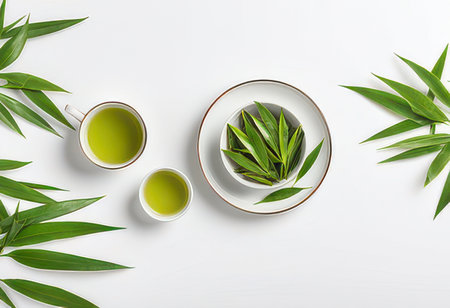 Green tea with bamboo leaves on white background. Flat lay, top viewの素材