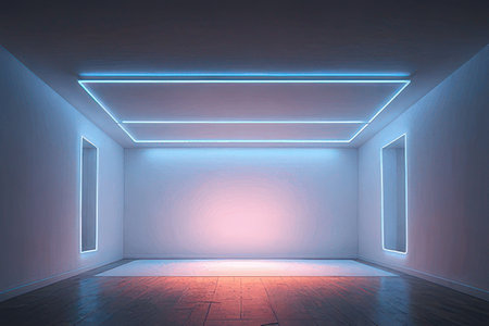 3D rendering of empty room with neon lights on the walls.の素材