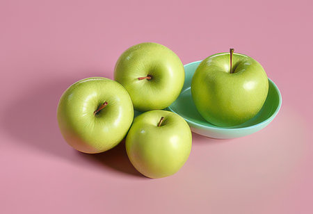 Green apples in a plate on a pink background. 3d renderingの素材