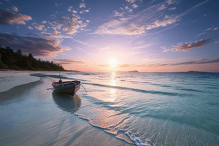 Sunset on the beach with a boat on the sand.の素材