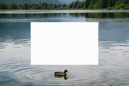 Mockup of a white sheet of paper on the background of a lake with ducksの素材
