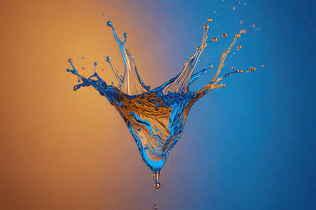 Water splash with blue and orange colors on a dark blue background.の素材