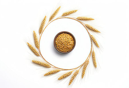 Wheat grain in a bowl on white background. Top view.の素材