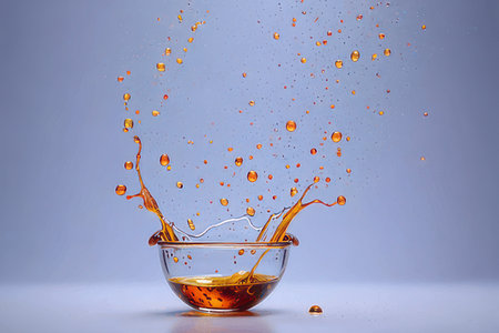 Splash of liquid in a glass on a gray background.の素材