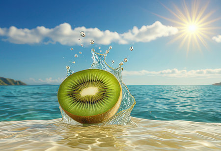 Kiwi fruit splashing into the sea. 3d renderの素材